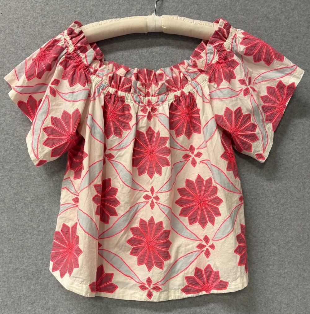 Maeve Anthropologie Off Shoulder Embroidered Floral Blouse Pink Cotton Large